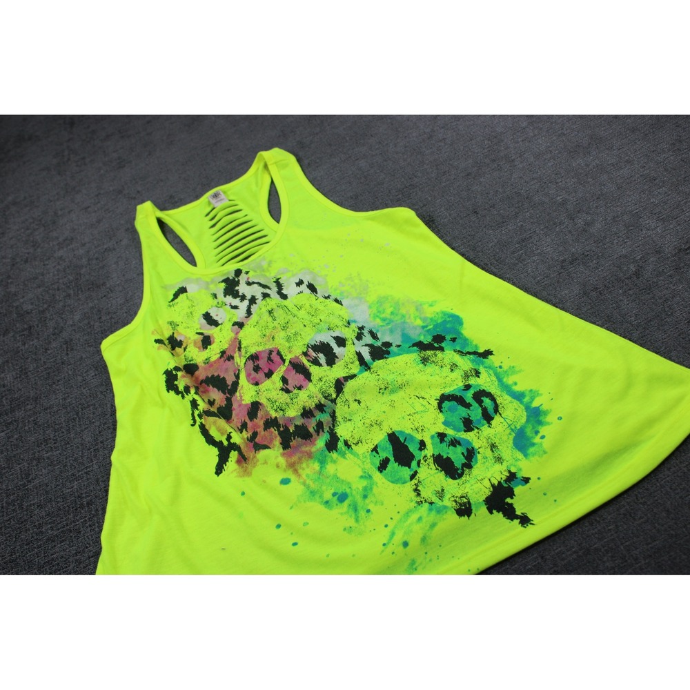 Hybrid Tees Neon Yellow Skull Leopard Graphic Ladder Back Racerback Tank Top L